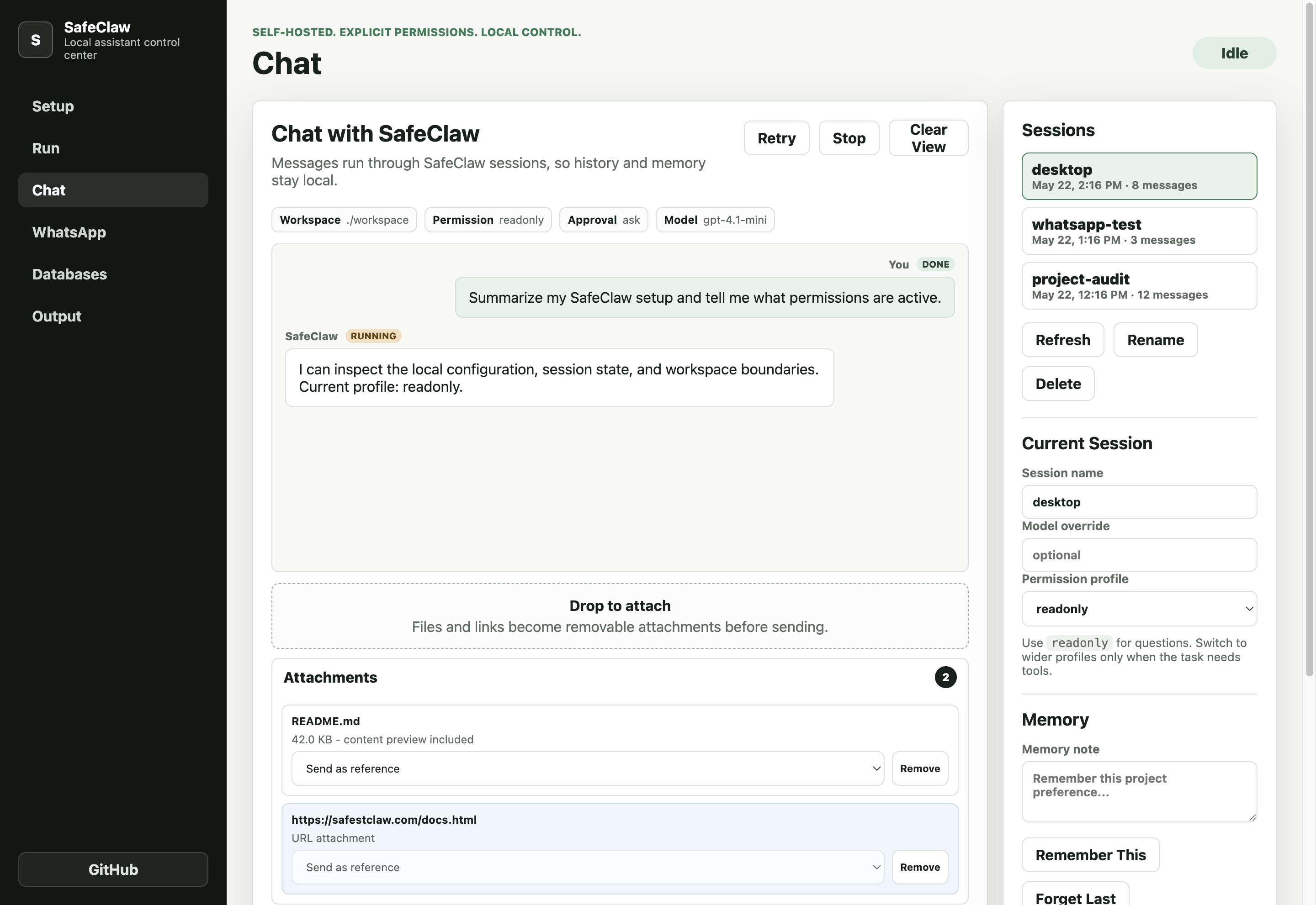 SafeClaw Mac app chat screen with dropped file and link attachments