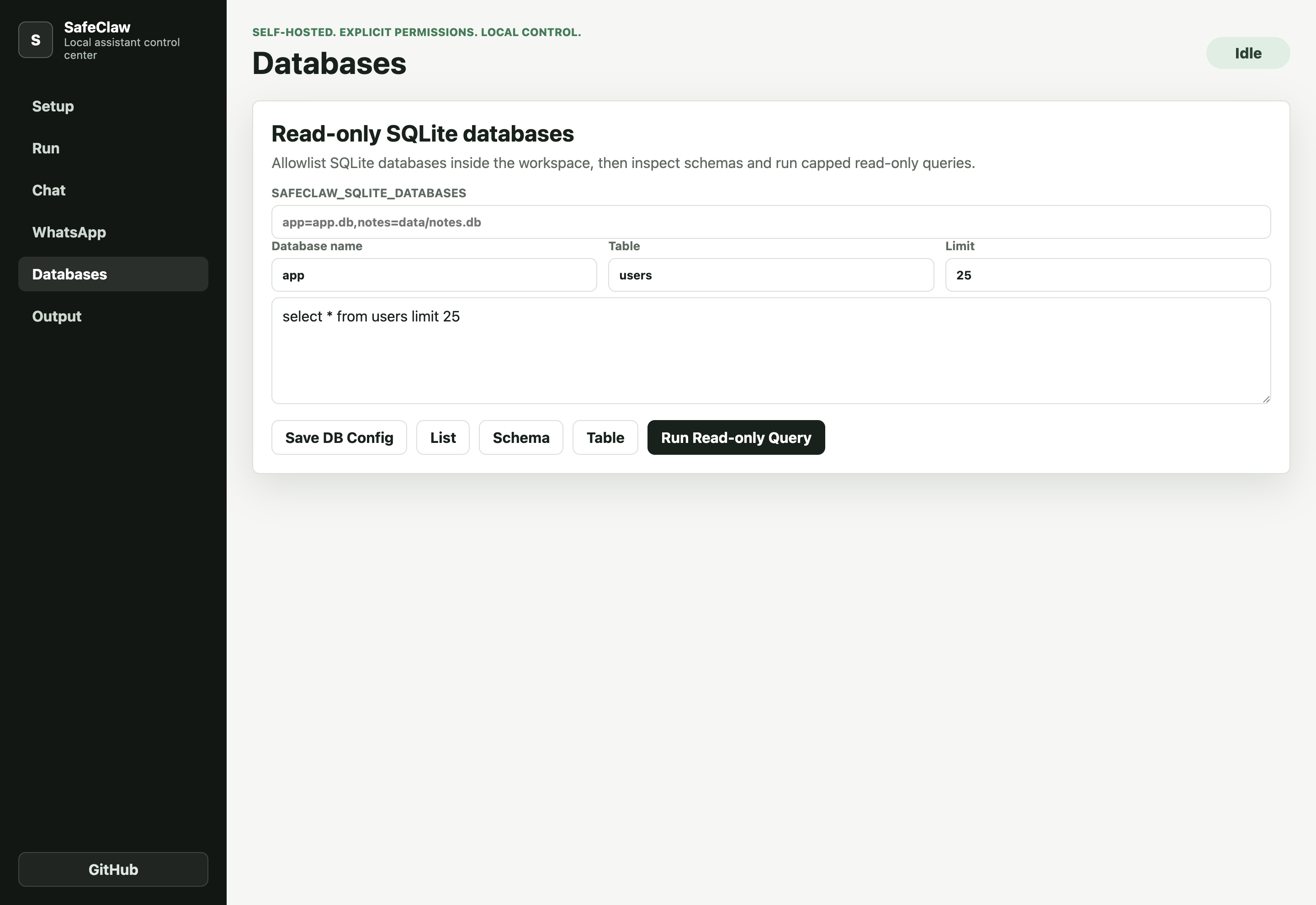 SafeClaw Mac app database tools screen