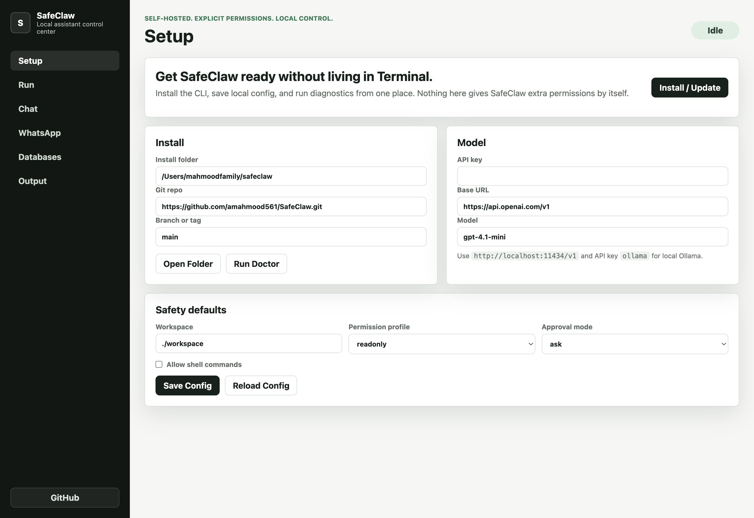 SafeClaw Mac app setup screen